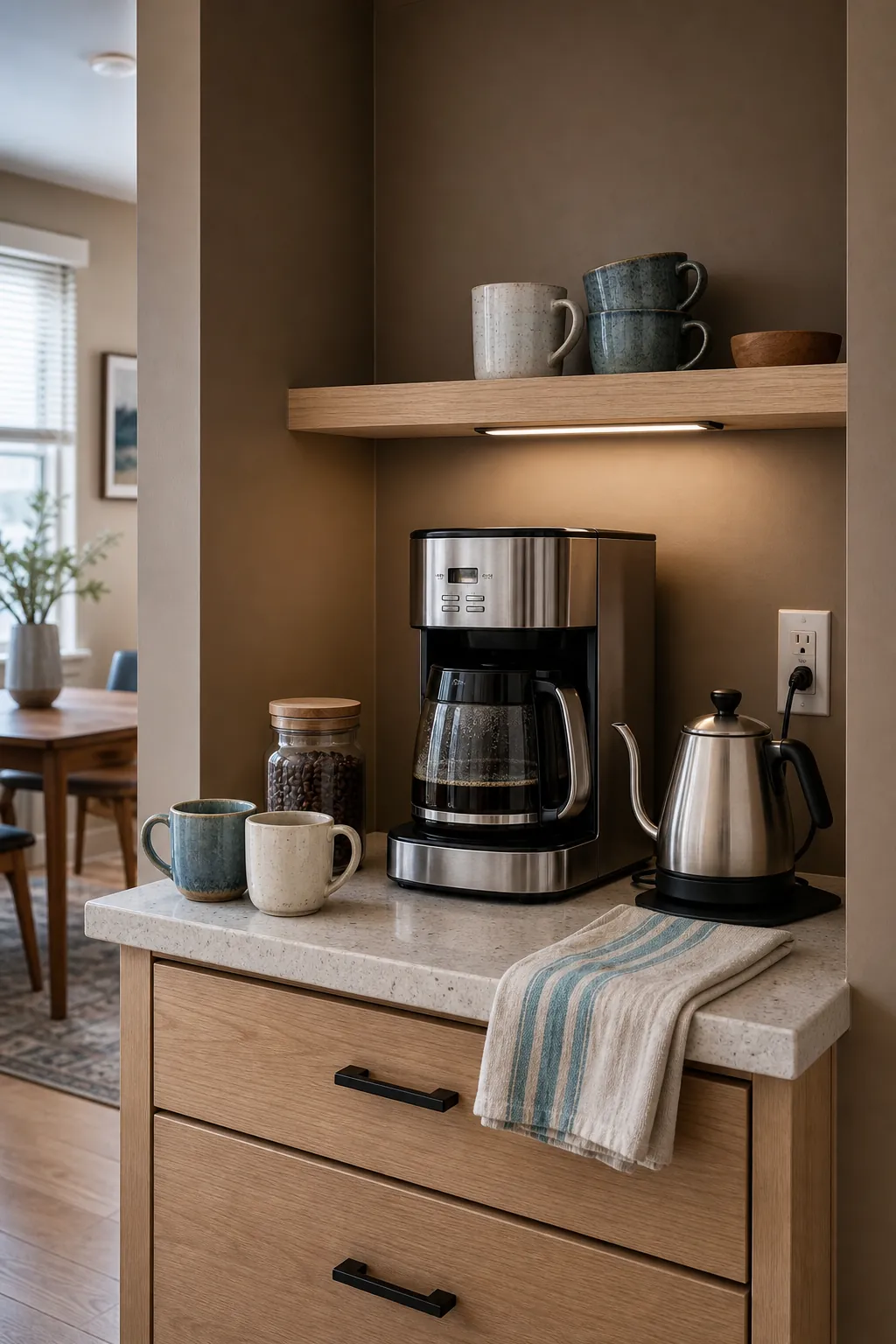 Mocha beige painted niche creating an accent zone in a warm kitchen