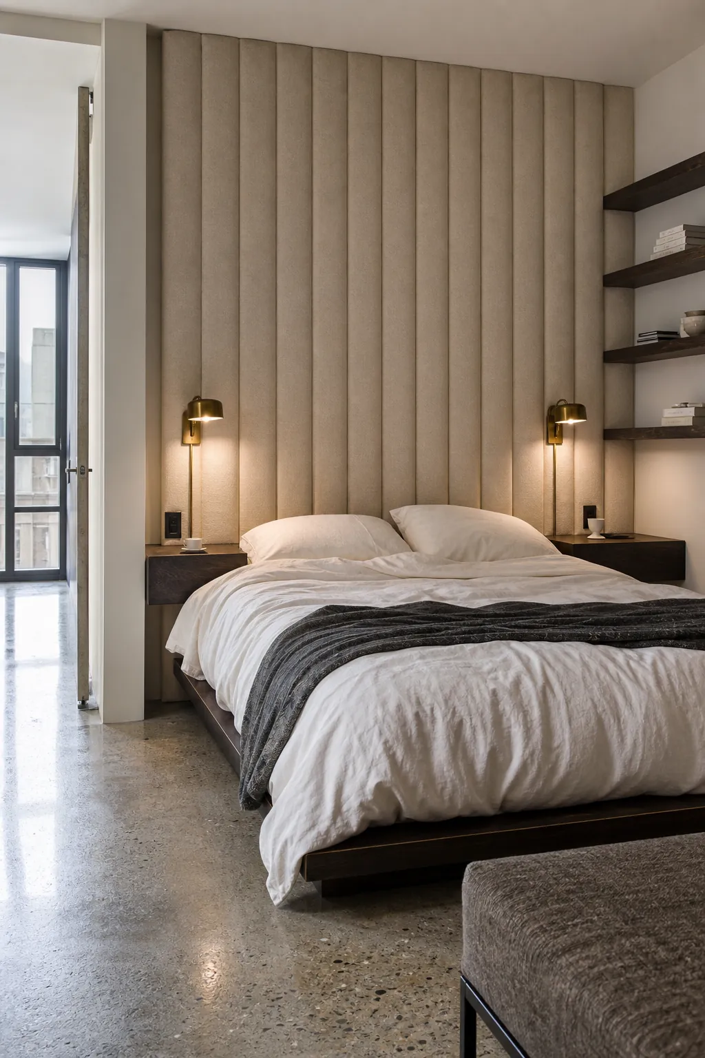 Ribbed beige upholstered panels forming a soft bedroom accent wall