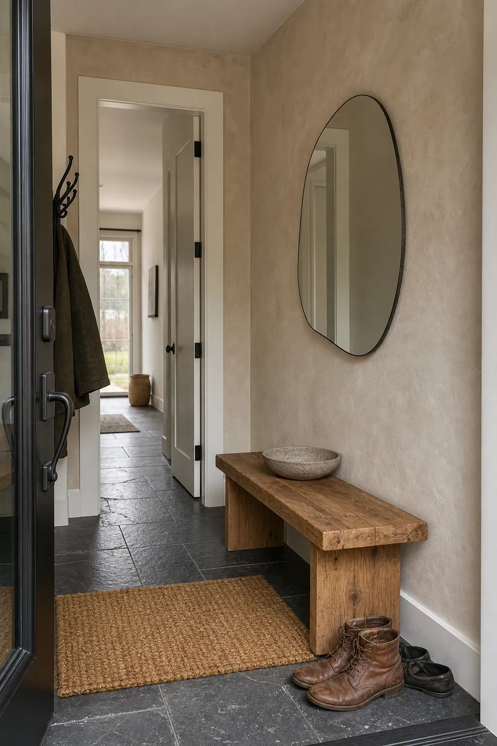 Hand-troweled beige plaster accent wall in a compact entryway