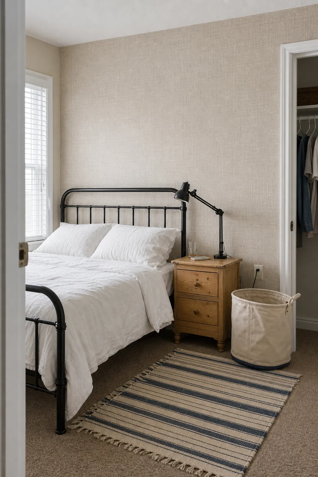 Removable beige linen-texture accent wall in a renter-friendly bedroom