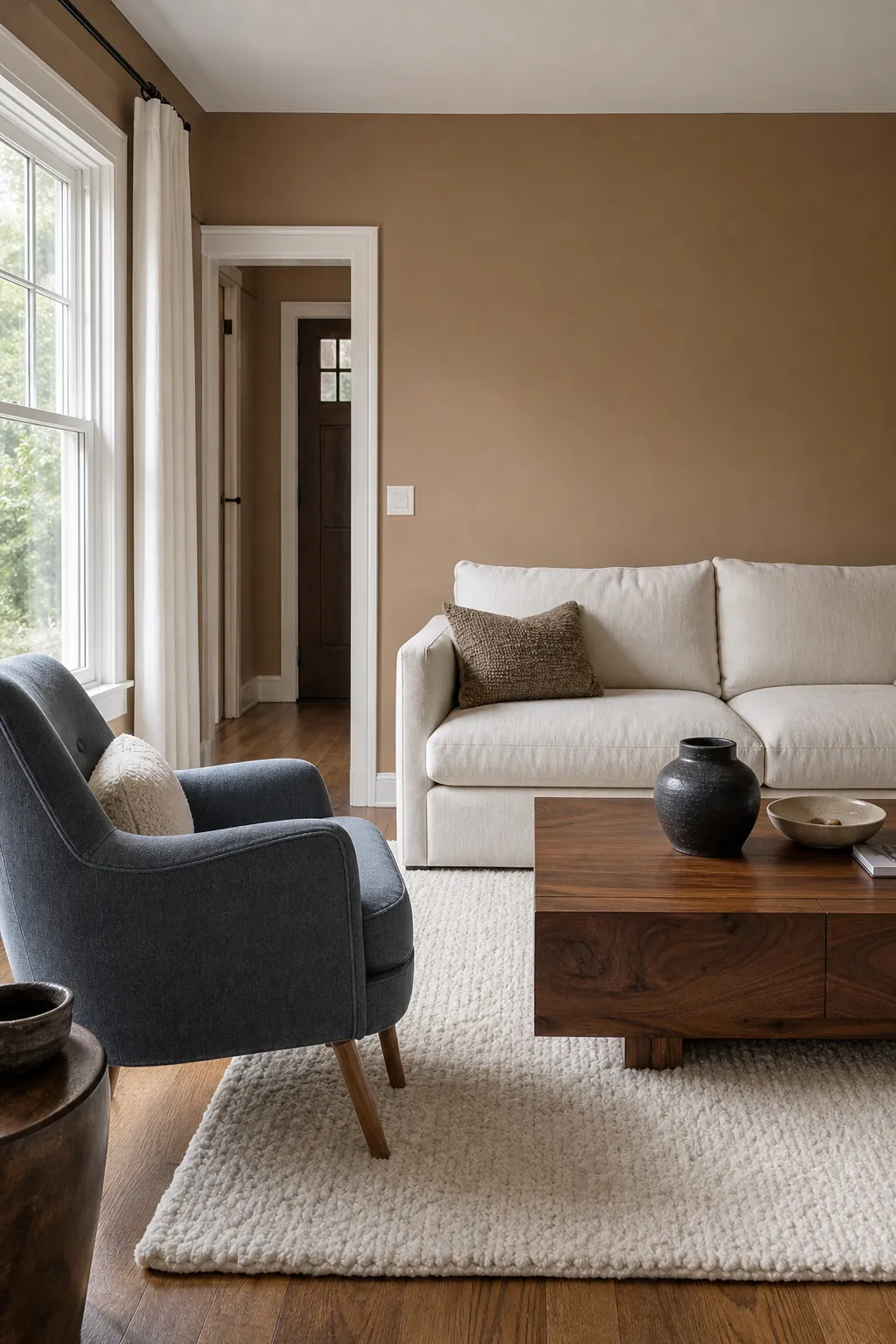 Caramel brown beige accent wall in a bright sunlit living room