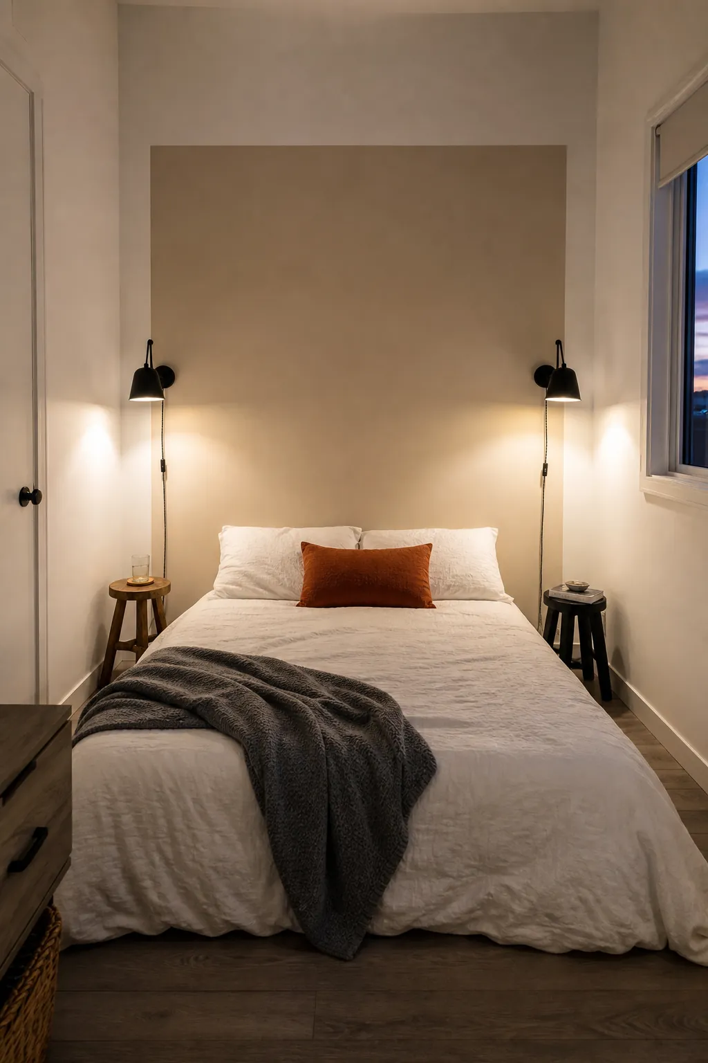 Minimal beige painted color block used as a budget headboard wall