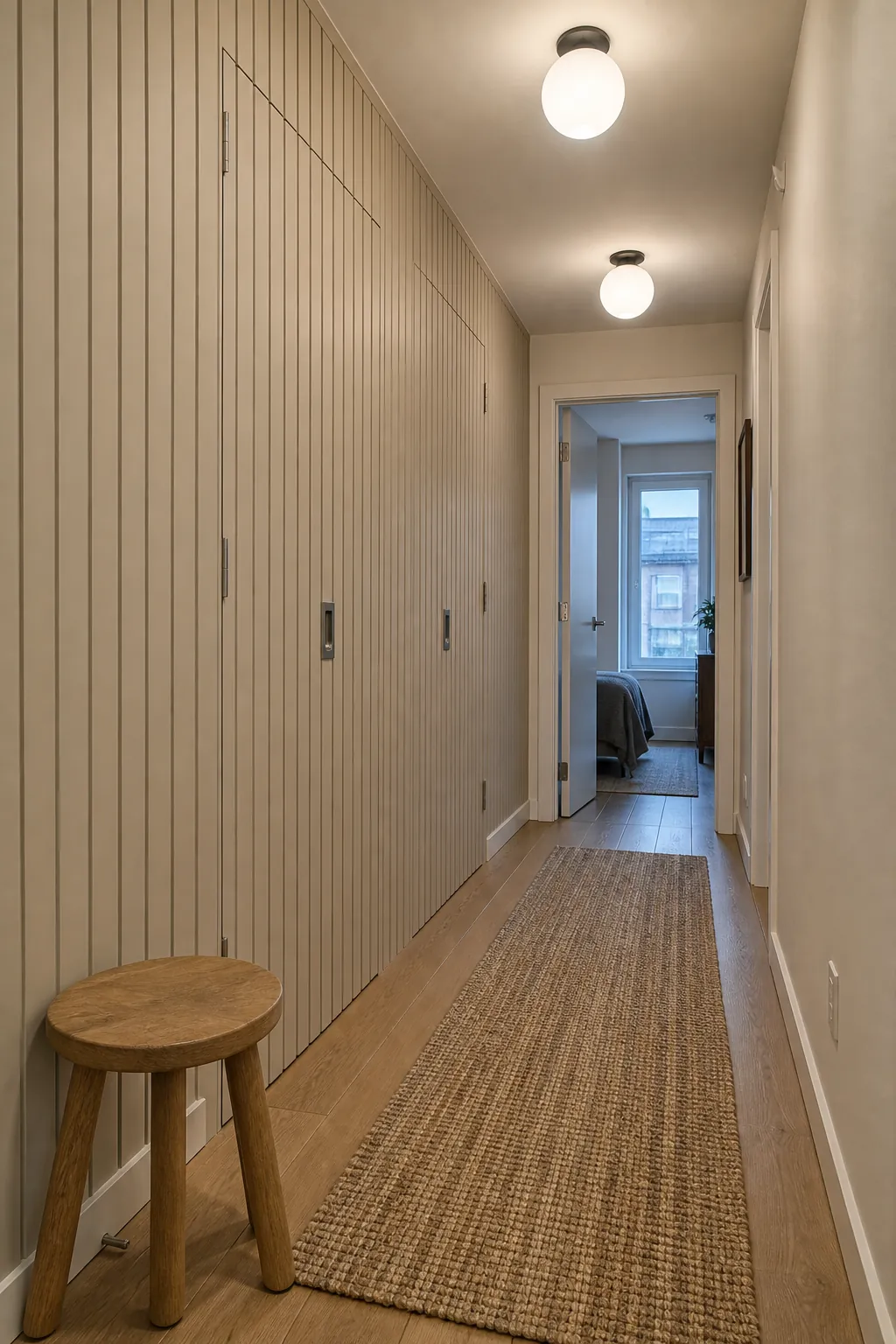 Stone beige slatted accent wall with concealed hallway storage