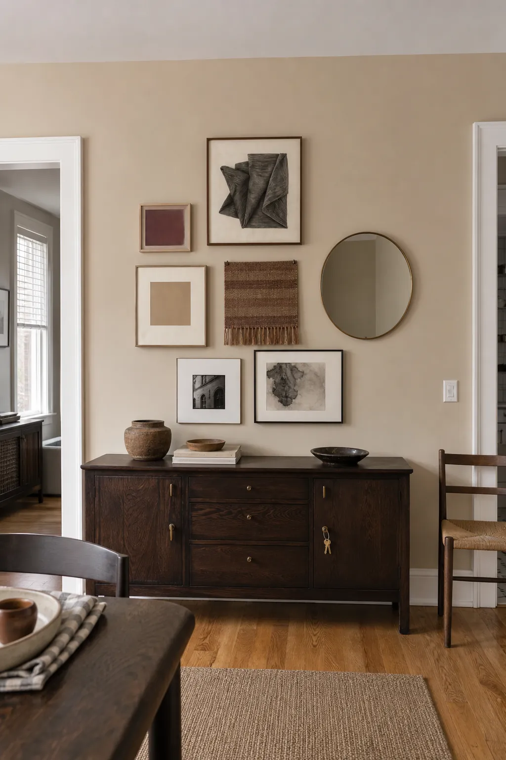 Light beige accent wall with a balanced collection of graphic prints