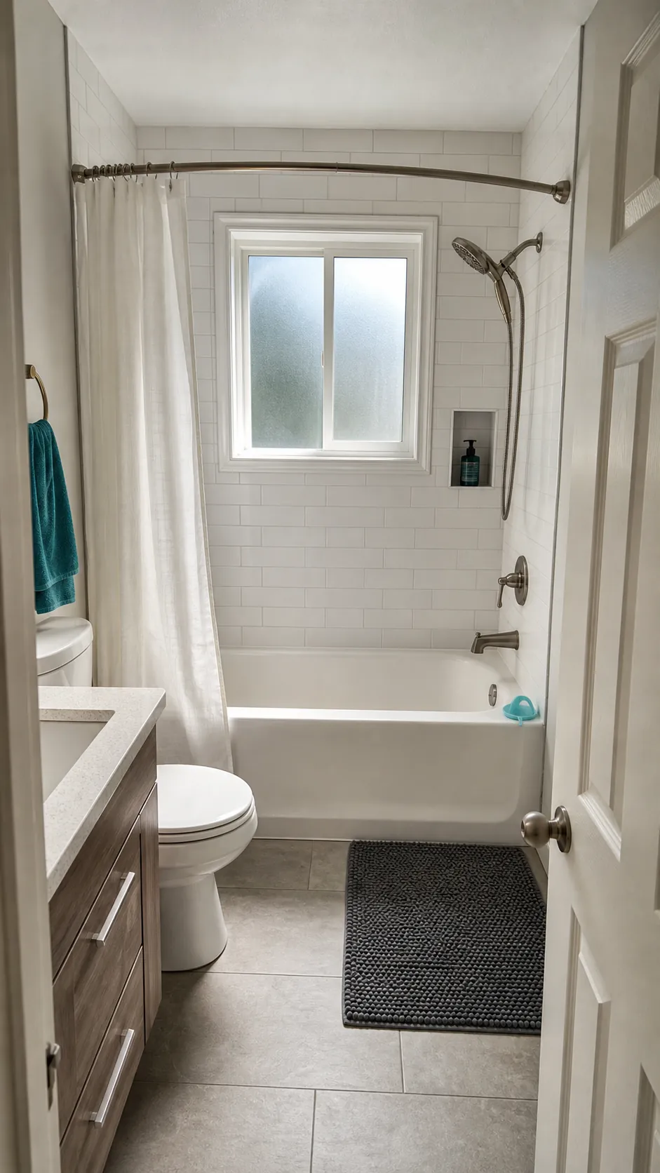 Compact tub and shower combo in a small full bathroom