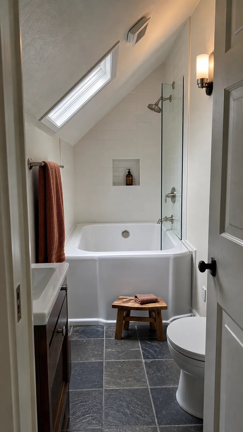 Deep 48-inch soaking tub in a very small bathroom