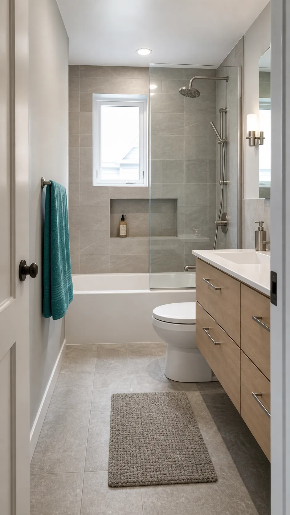 Space-saving compact bathtub and shower in a small full bathroom