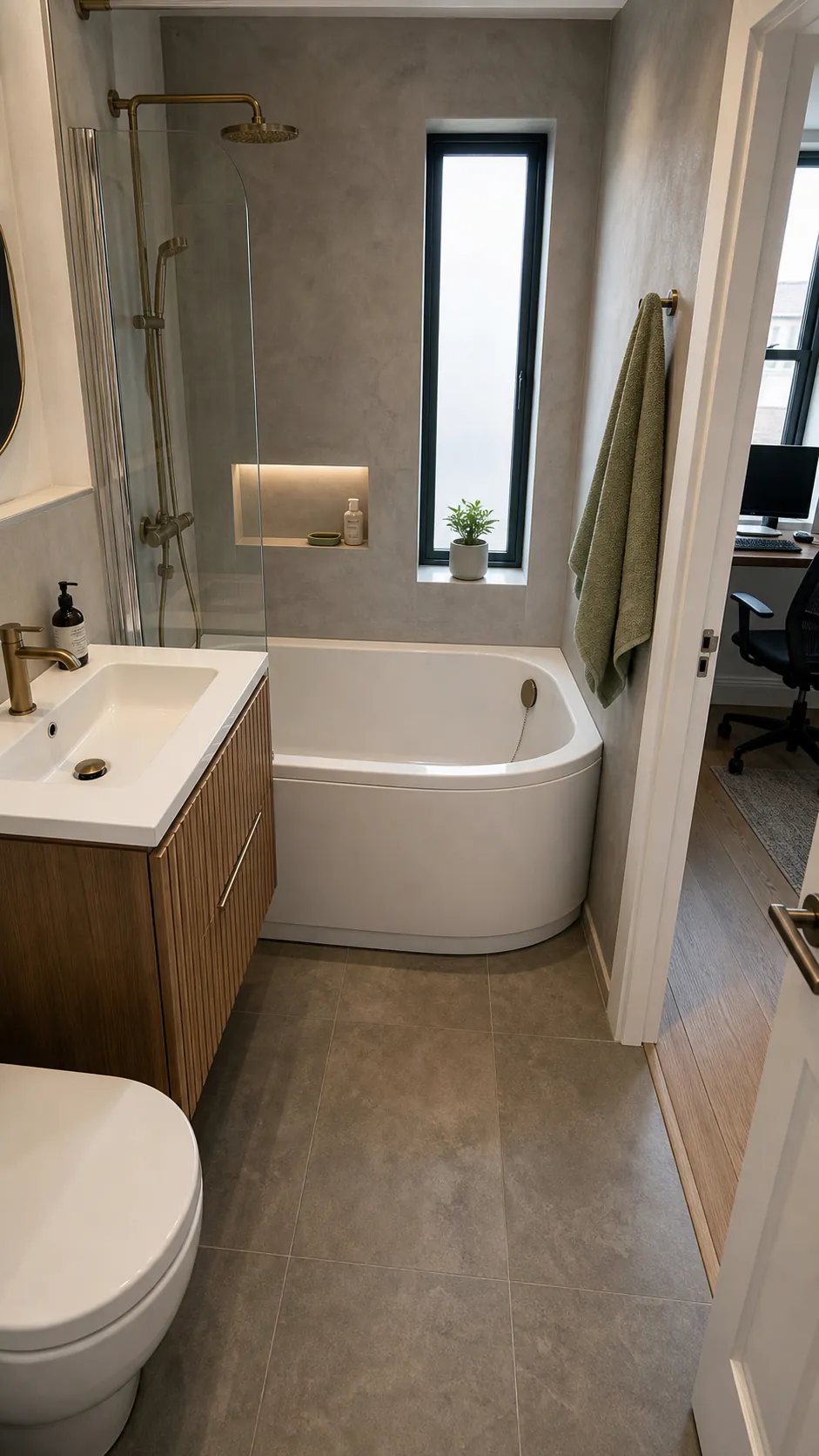 D-shaped compact bathtub against a tight bathroom wall