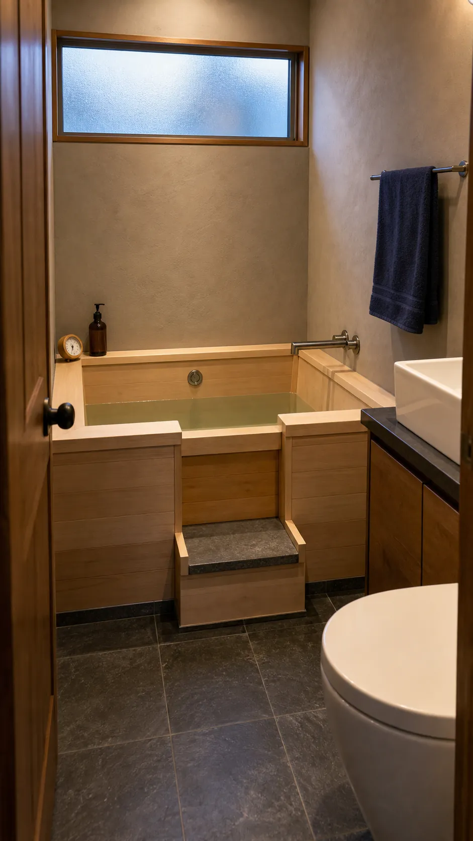 Compact Ofuro-style soaking tub tucked into a bathroom corner