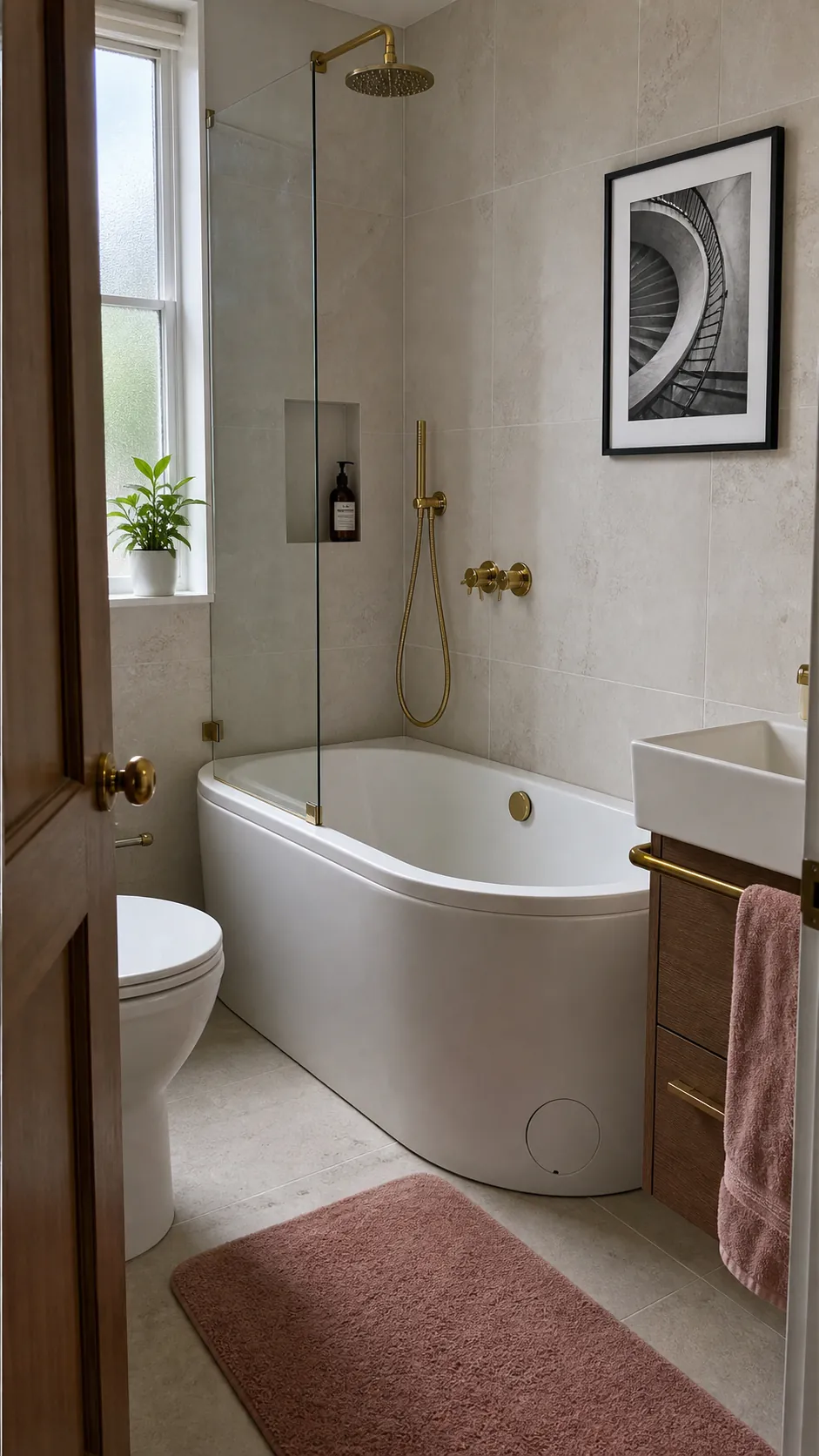 Space-saving back-to-wall freestanding tub in a narrow bathroom
