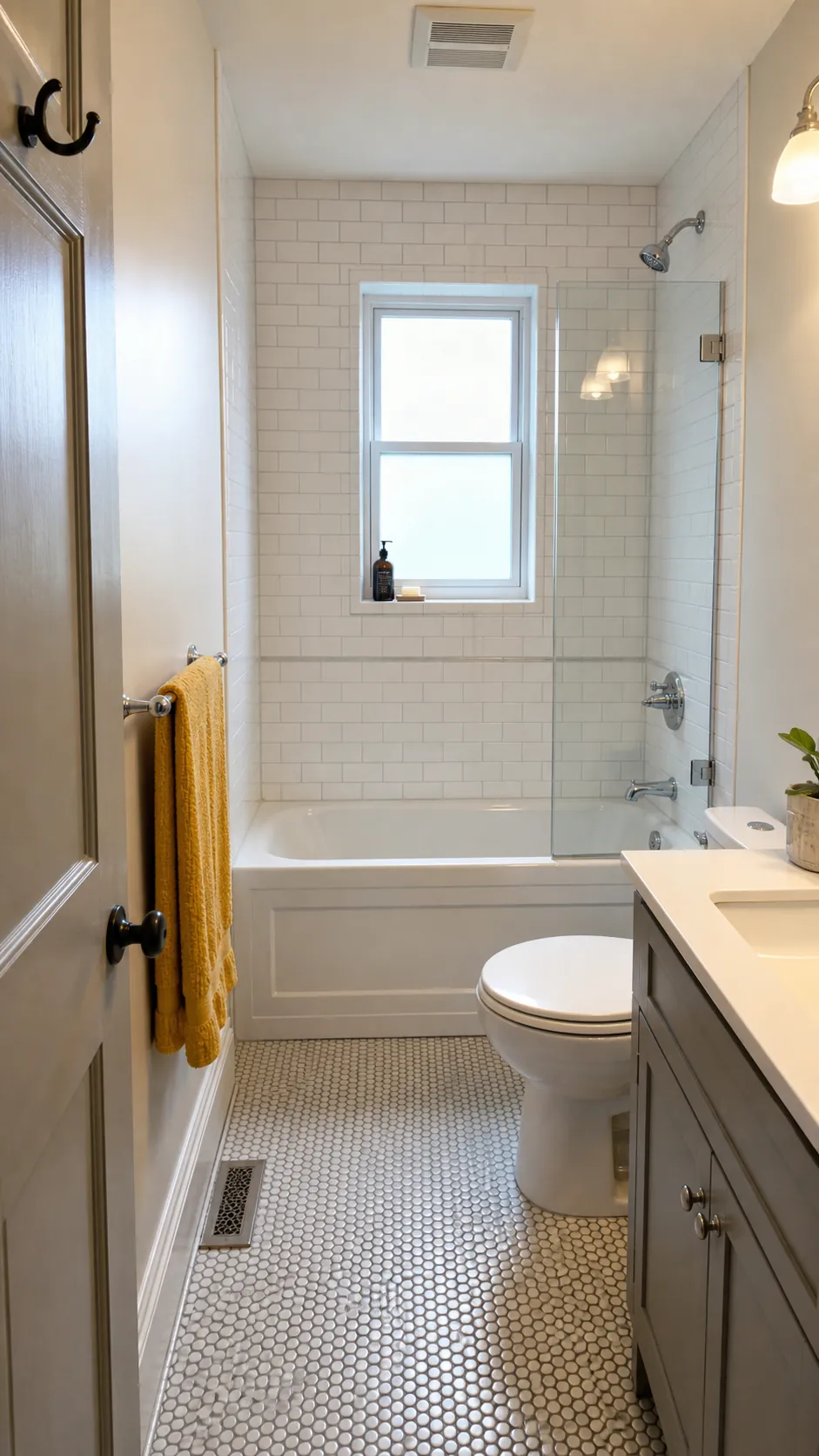 Small bathtub fitted across the short wall of a narrow bathroom