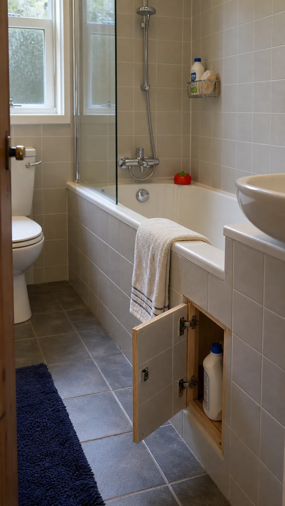 Built-in storage concealed within a compact bathtub apron