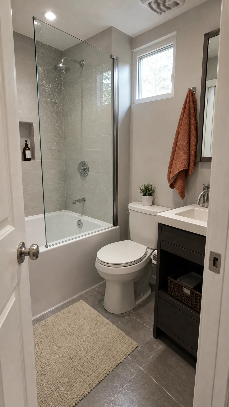 Fixed glass screen containing shower spray above a compact tub
