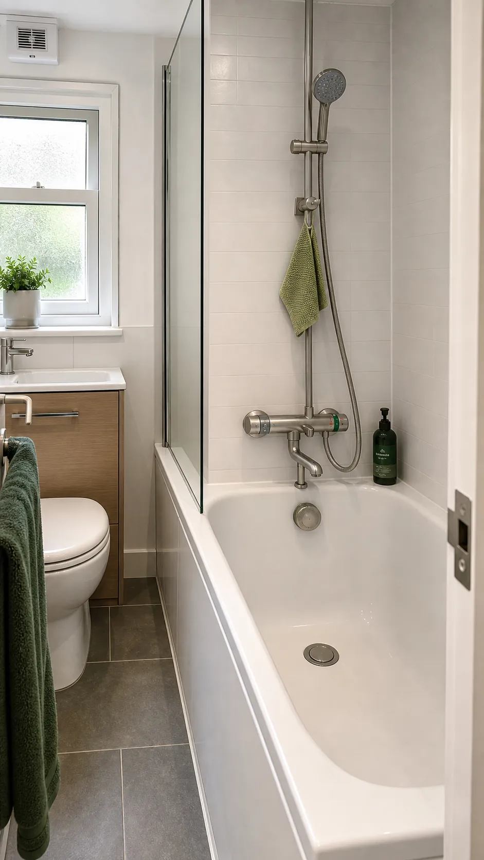 Tub and shower controls positioned safely near the bath entry