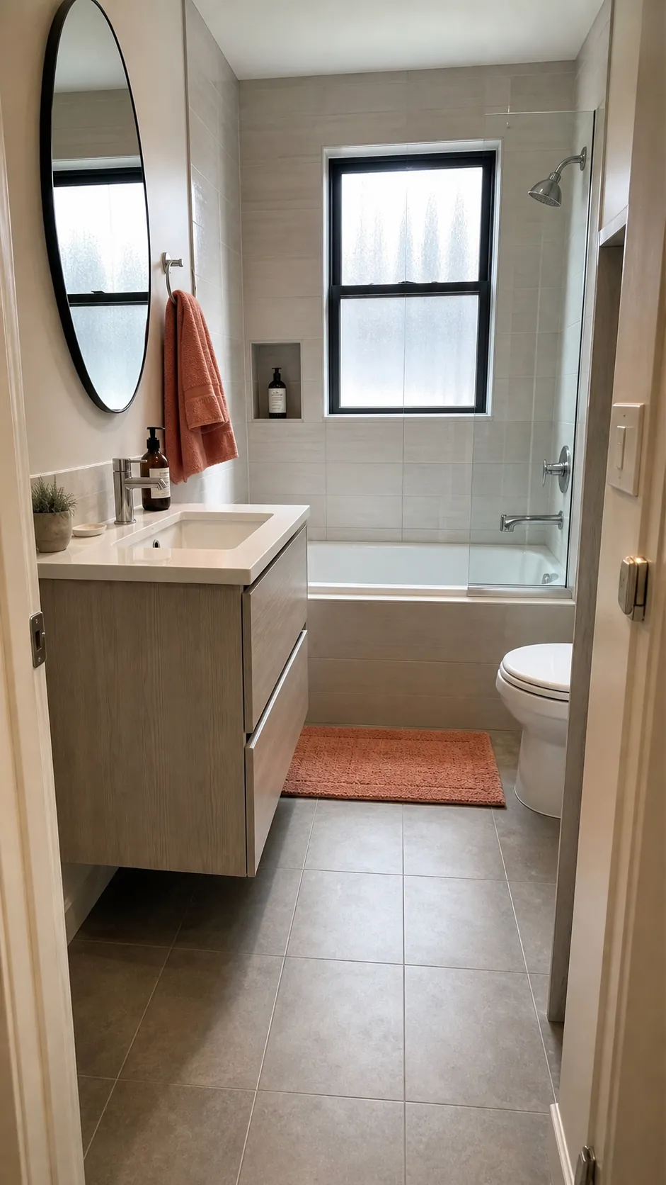 Compact bathtub paired with a shallow floating vanity