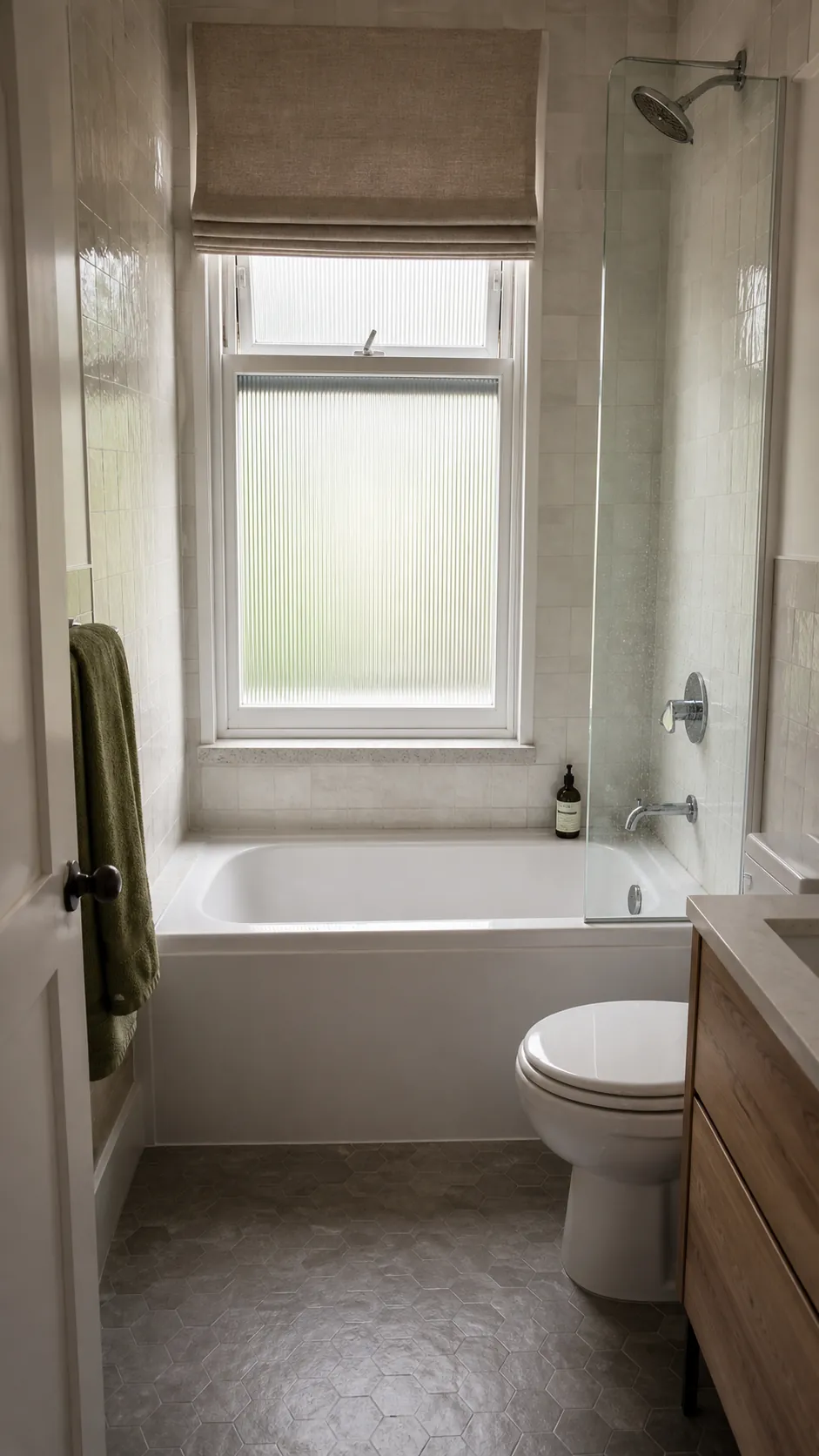 Small bathtub fitted into a bright privacy-window nook