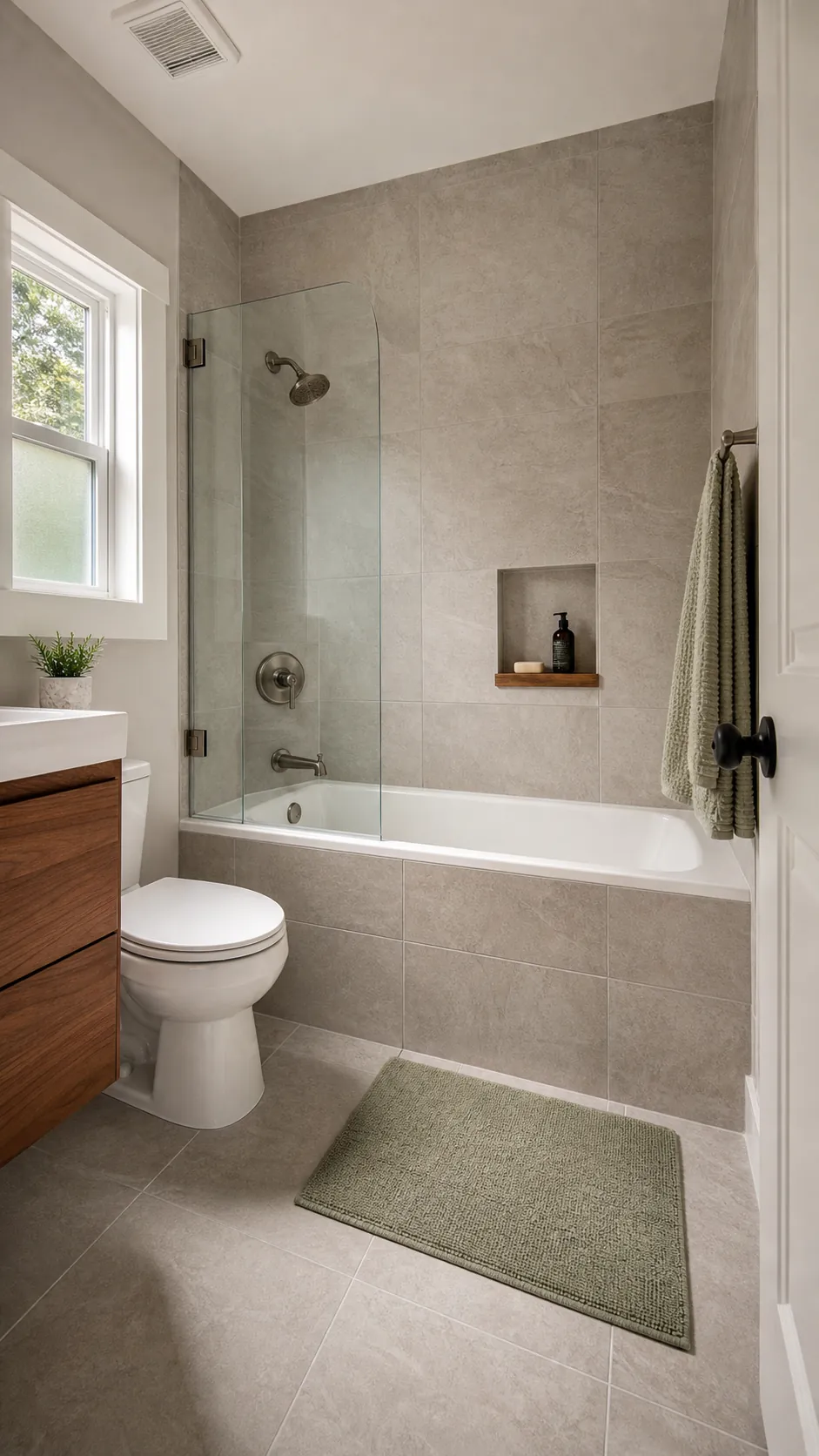 Continuous tile visually connecting a small bathroom floor and tub wall