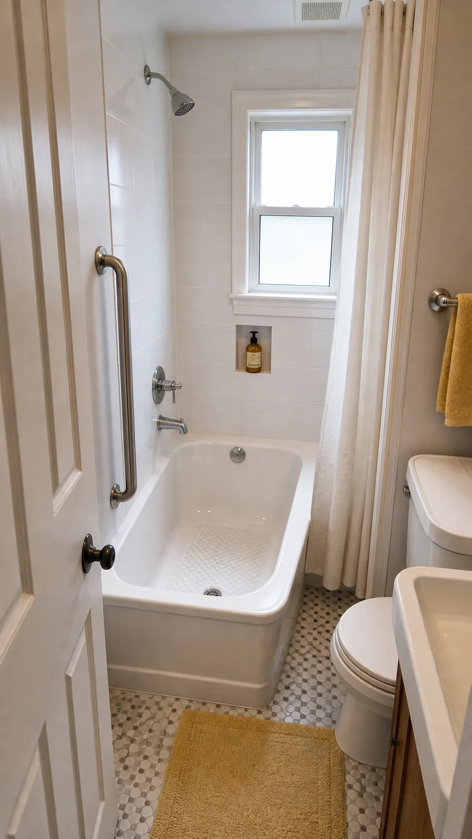 Secure vertical grab bar at the entry to a compact bathtub