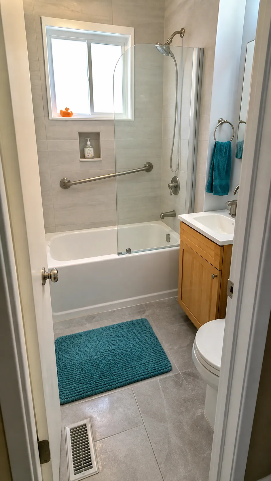 Practical small bathroom plan centered on a usable compact tub