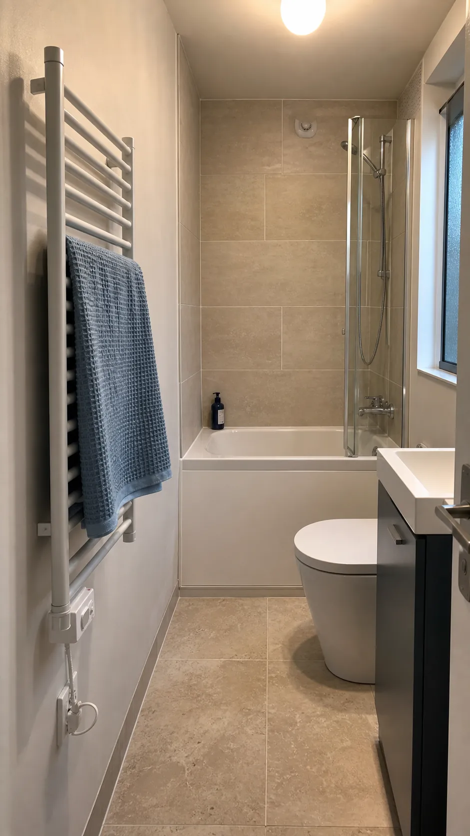 Slim wall-mounted towel warmer beside a small bathtub