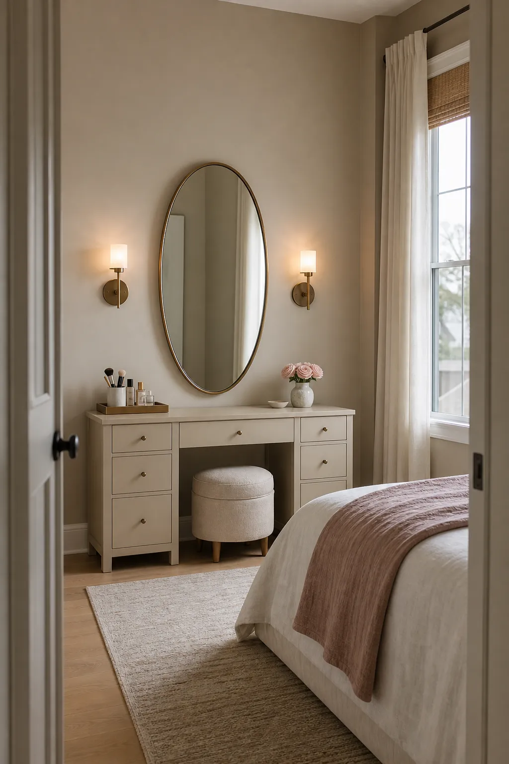 Beige bedroom vanity with balanced lighting and concealed storage