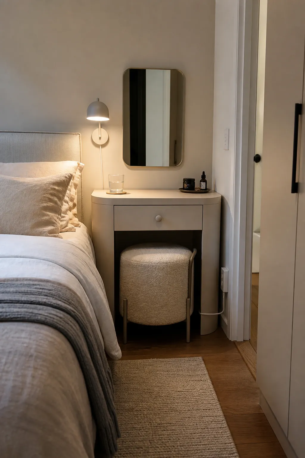 Compact beige vanity used as a practical bedside table