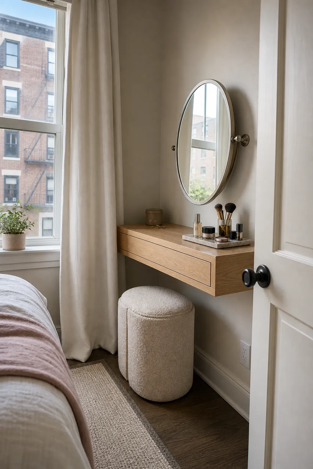 Floating beige oak vanity beside a bedroom window with natural light