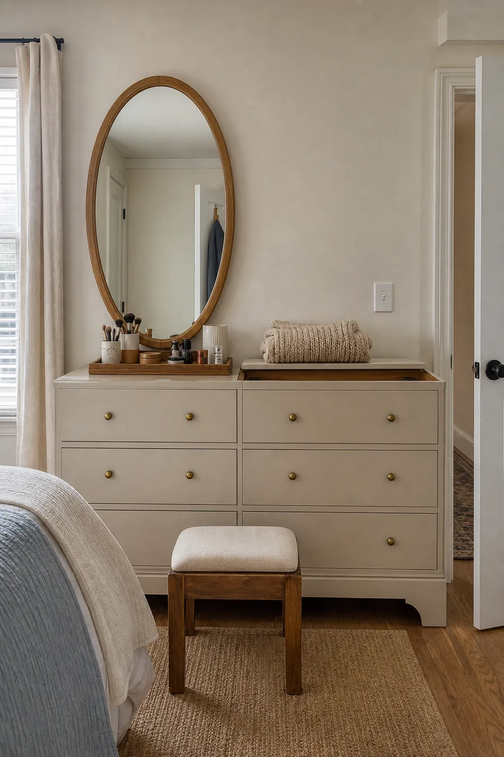 Wide beige dresser styled as a bedroom vanity with an oval mirror