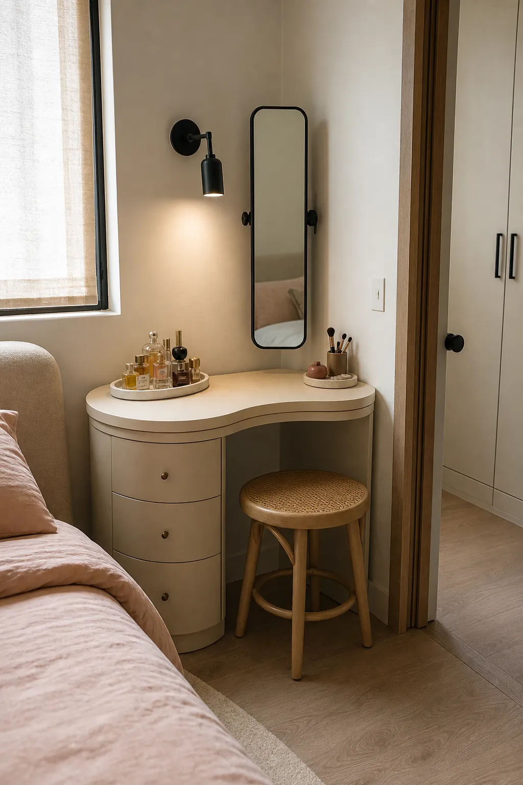 Curved creme vanity fitting safely into a tight bedroom corner