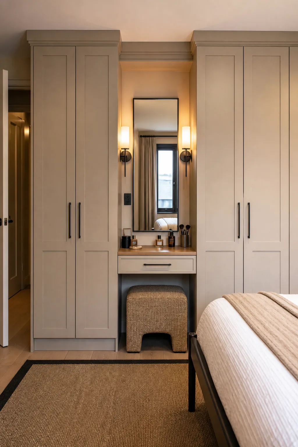 Minimalist beige vanity fitted neatly between bedroom wardrobes