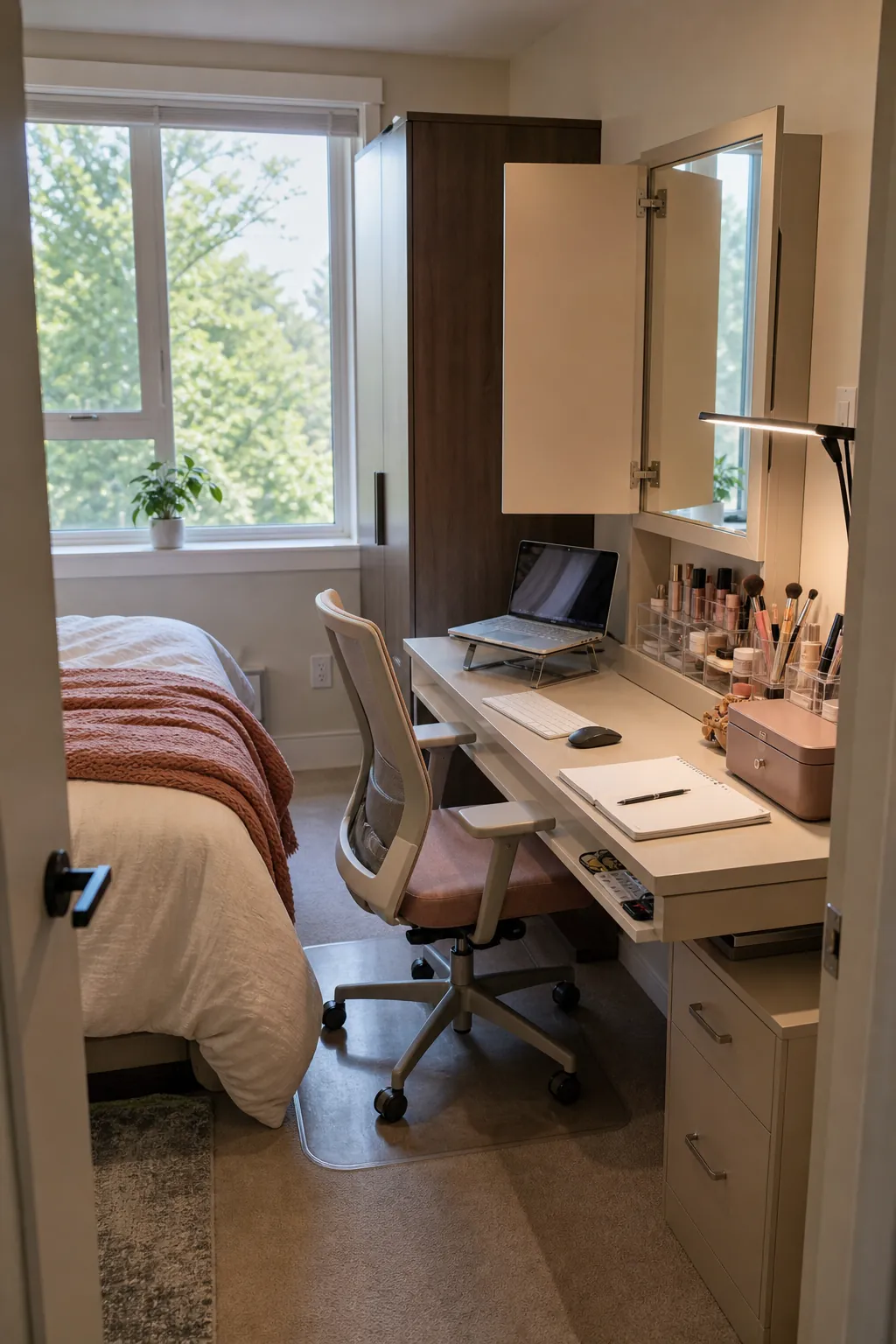 Beige desk and vanity combination in a small bedroom layout