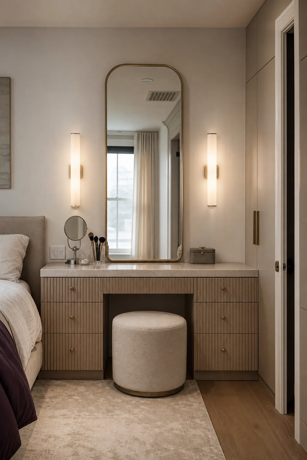 Fluted beige bedroom vanity with balanced mirror side lighting