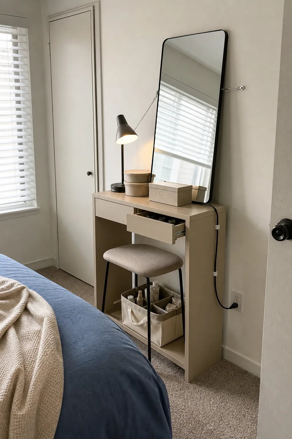 Renter-friendly beige shelf vanity with a leaning mirror and slim stool