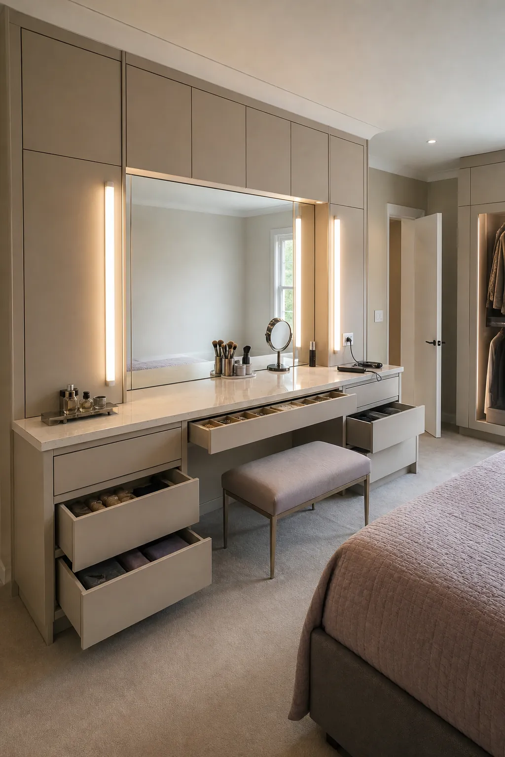 Wall-to-wall beige vanity with a long mirror in a spacious bedroom