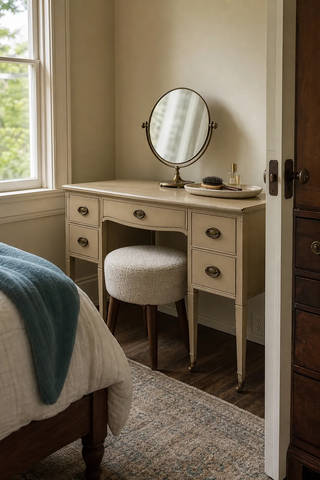 Vintage sand-colored vanity paired with a clean modern bedroom stool