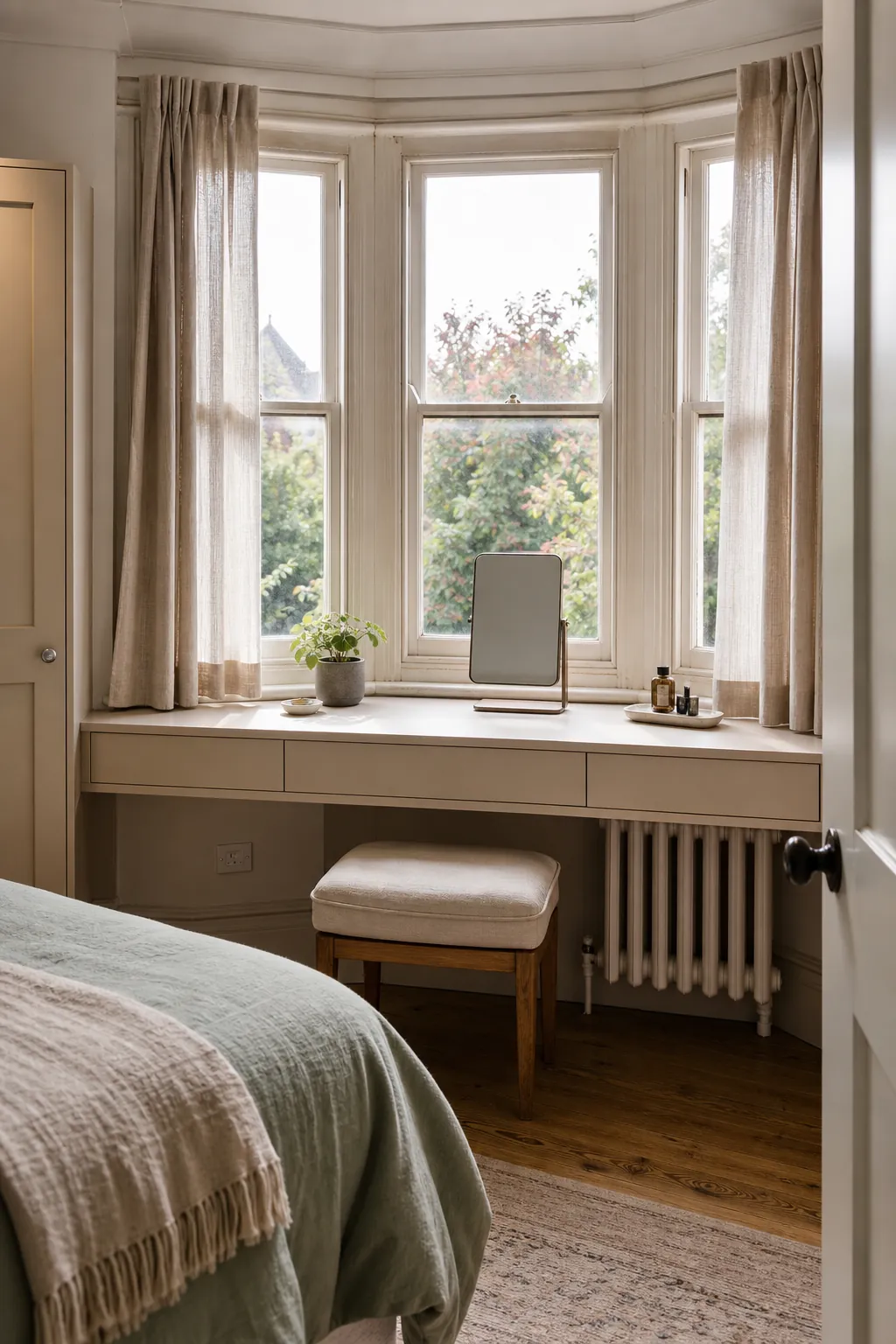 Built-in beige vanity with hidden drawers inside a bedroom window bay