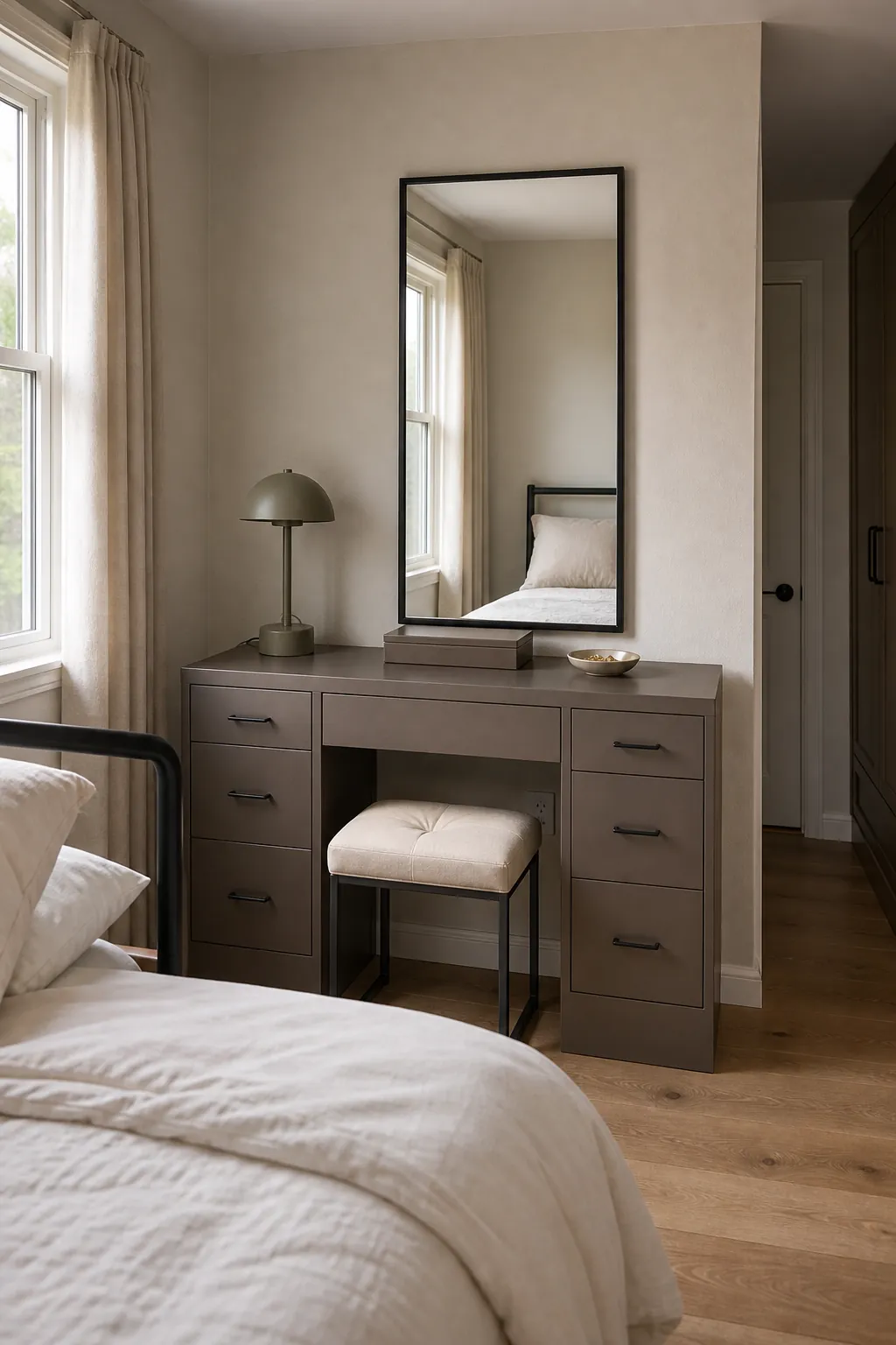 Dark taupe vanity adding contrast to a light beige bedroom