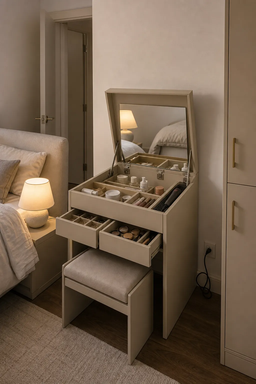 Closed-cabinet beige vanity keeping a bedroom calm and uncluttered