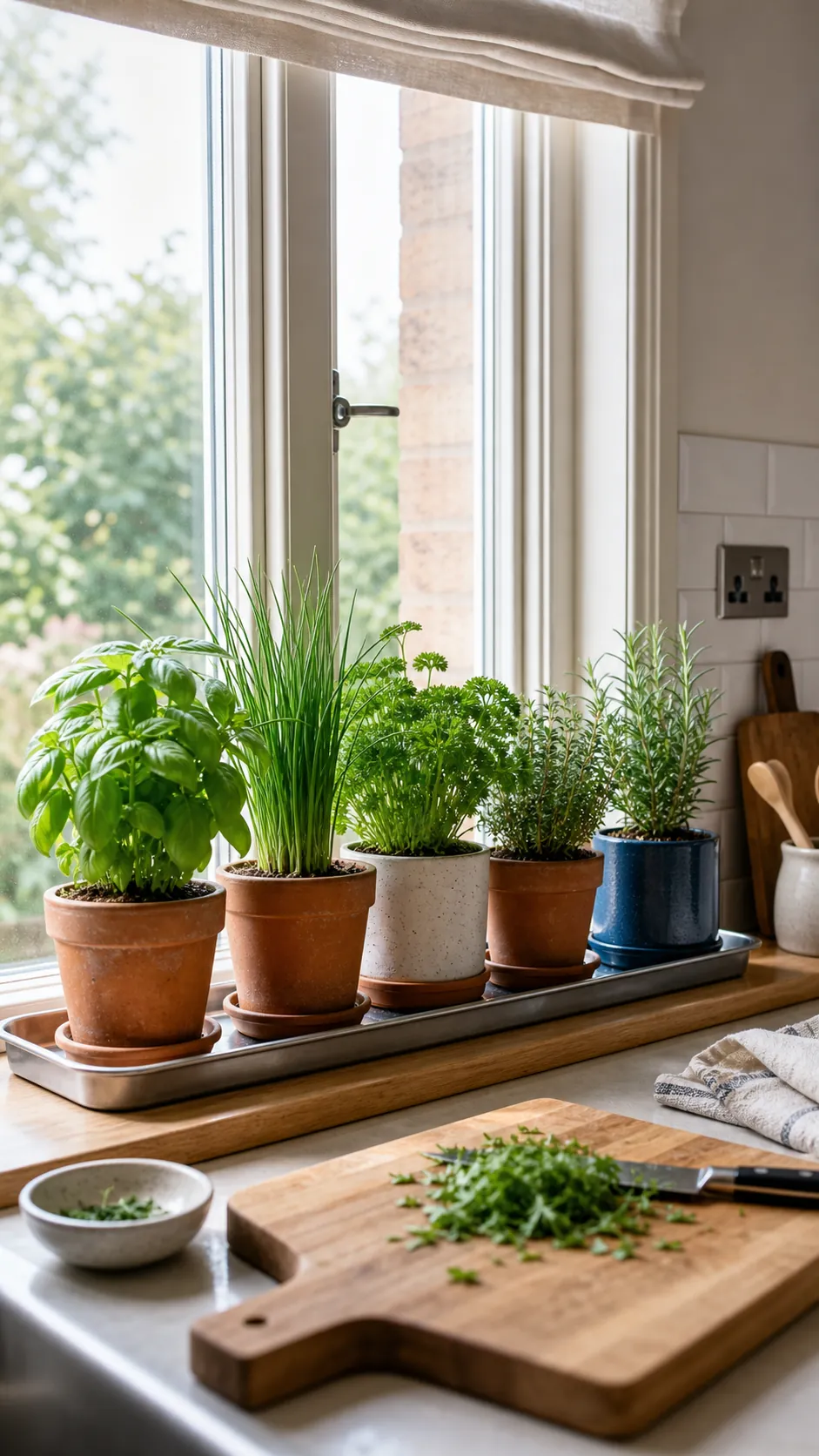 Healthy kitchen window herb garden with separate pots and slim shelf