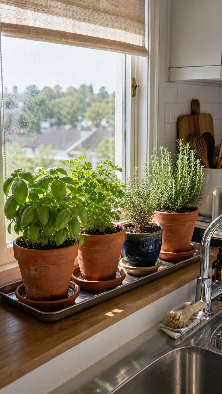 Separate draining pots of basil parsley thyme and rosemary on a kitchen sill