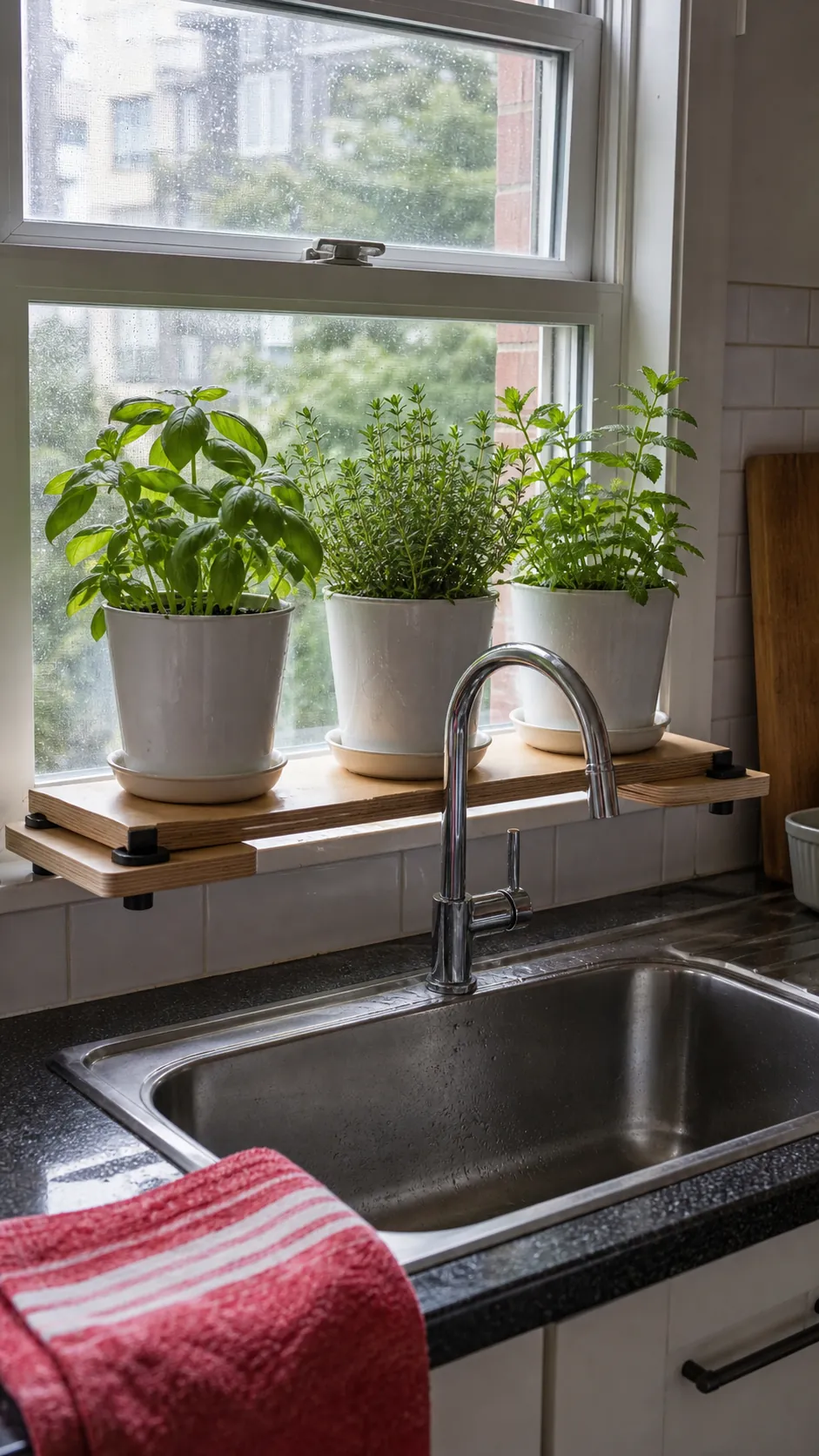 Removable herb ledge spanning a kitchen sink window
