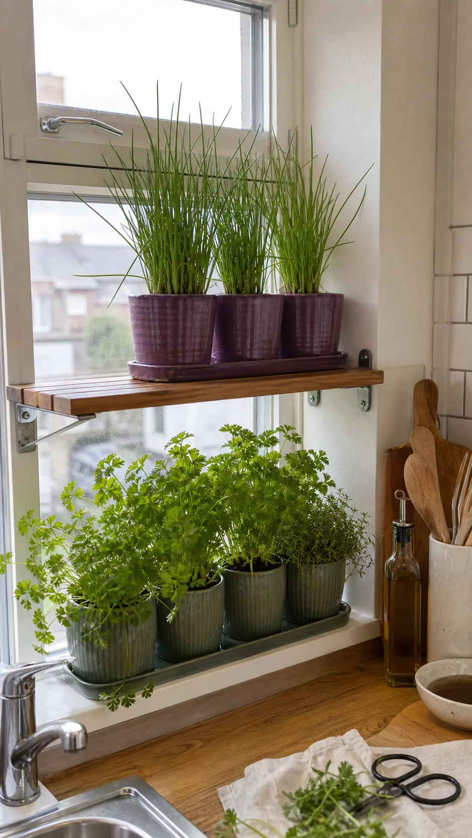 Slim oak shelf holding herbs across a deep kitchen window