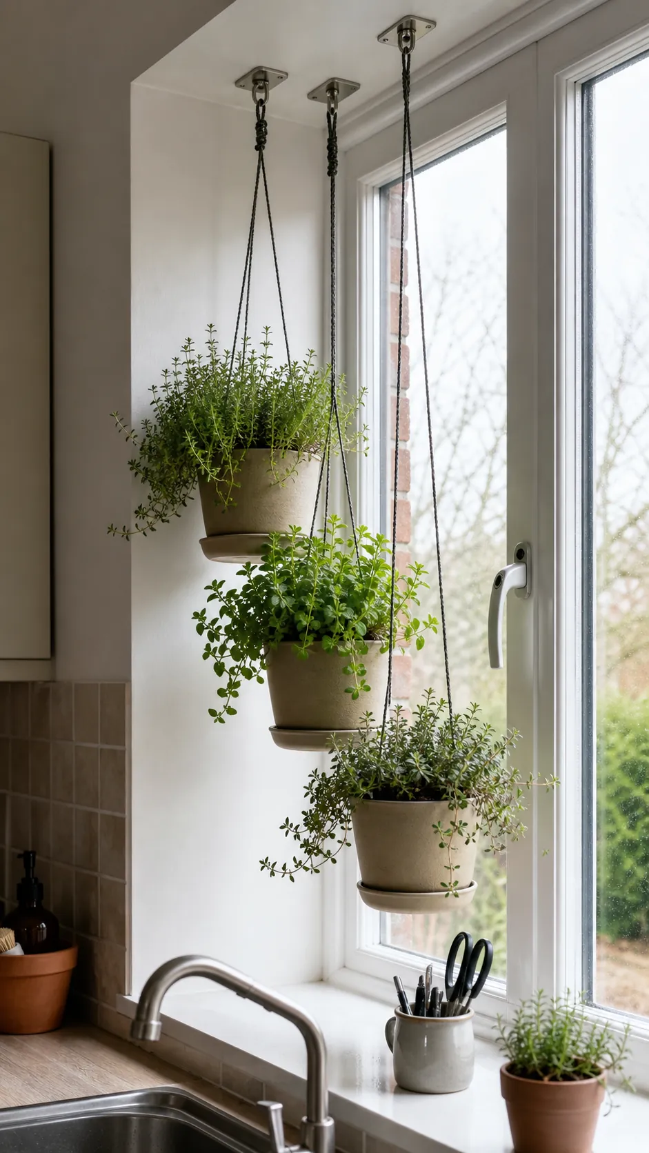 Lightweight hanging herb pots inside a bright kitchen window