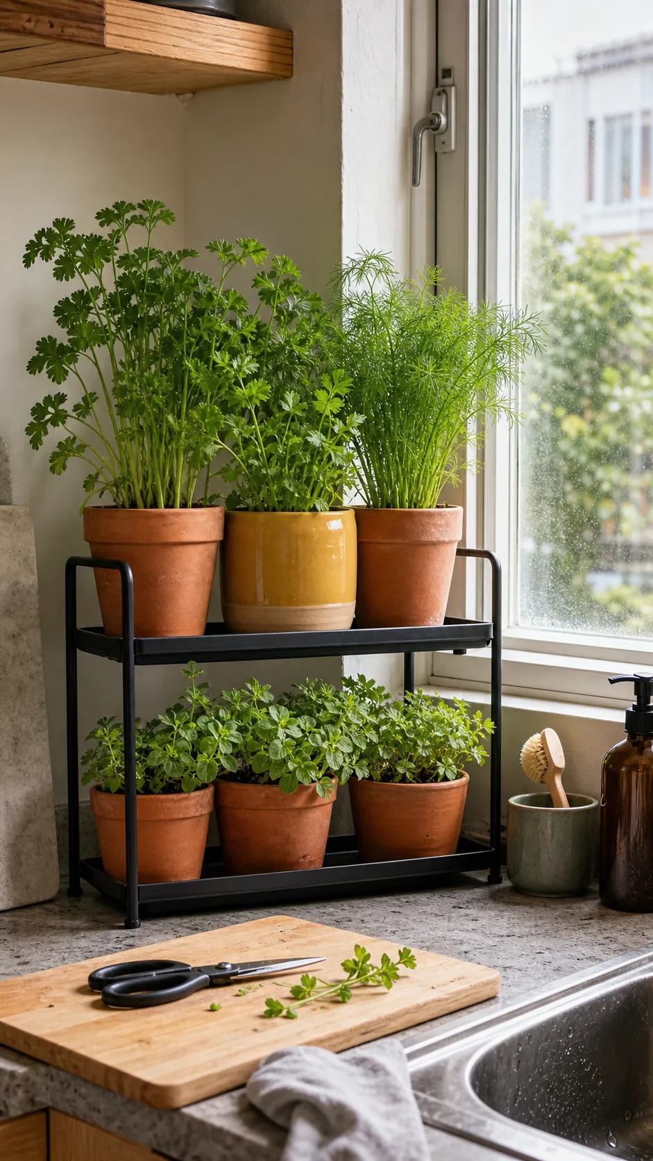 Two-tier metal stand with culinary herbs beside a kitchen window