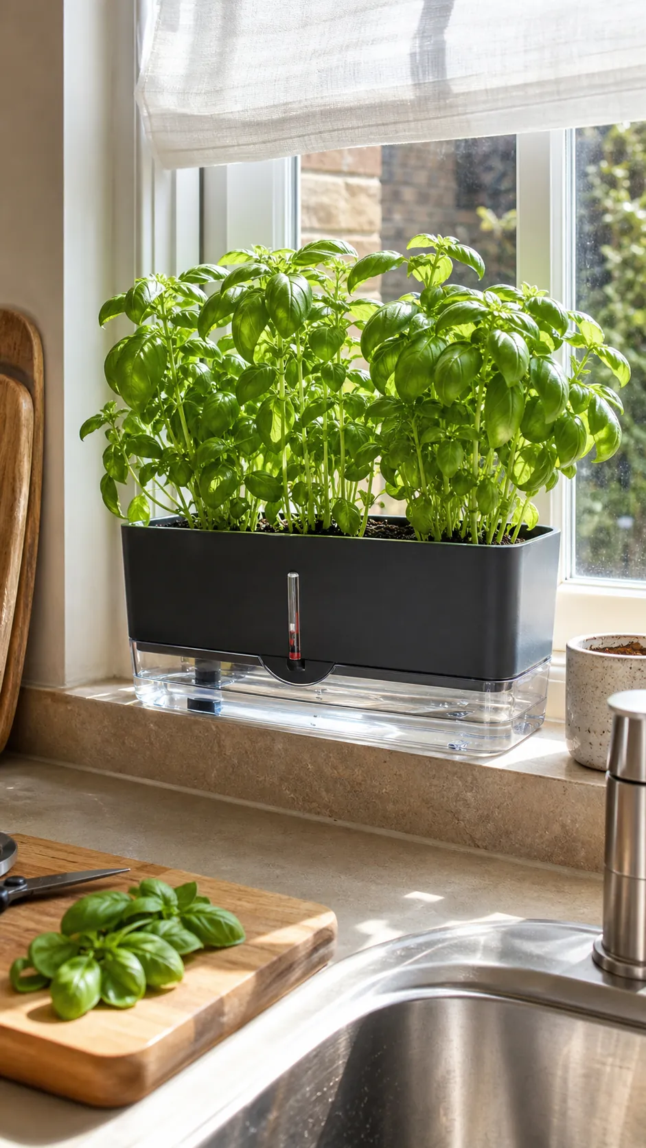 Self-watering basil planter with visible reservoir by a sunny window
