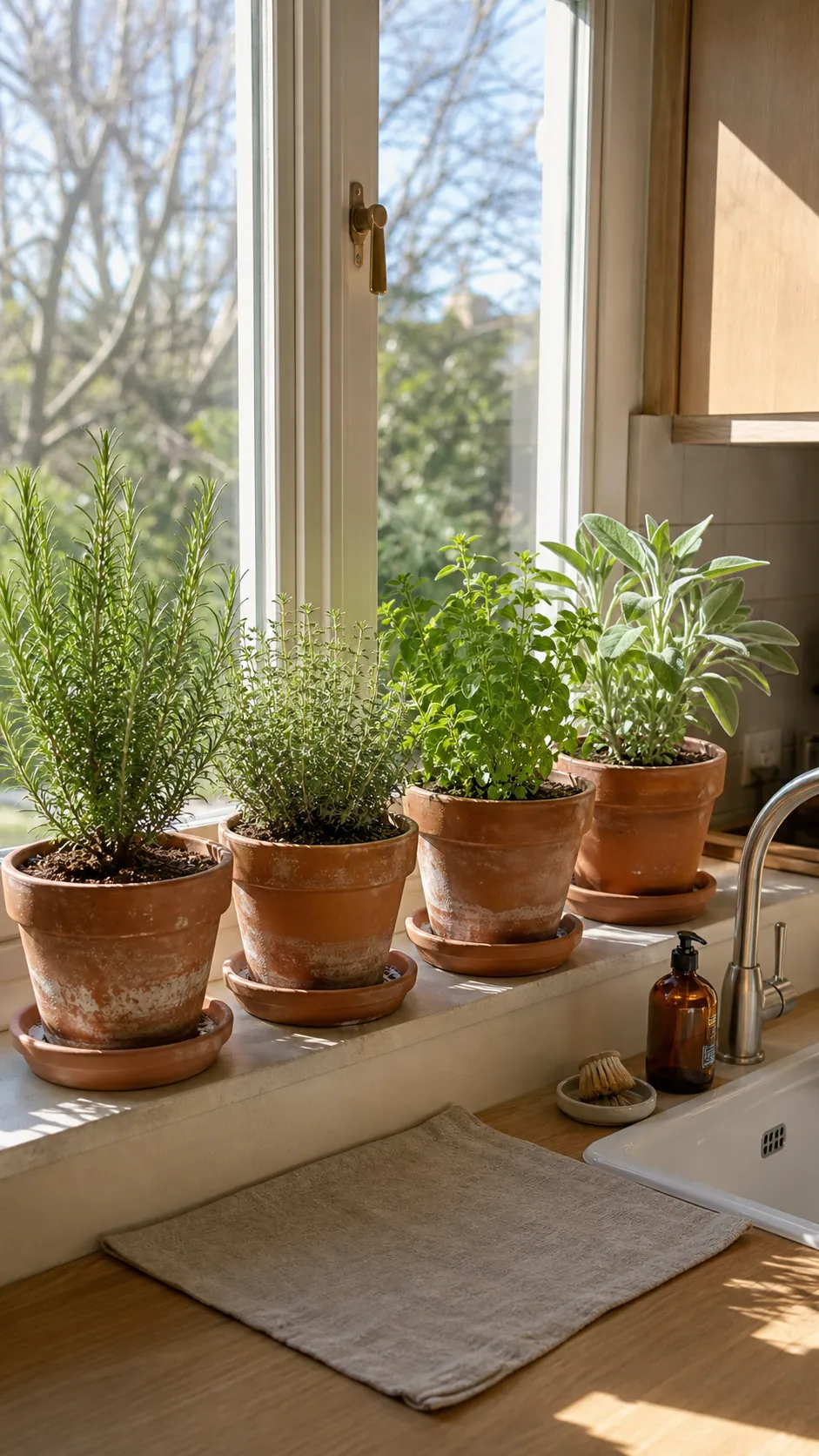 Rosemary thyme oregano and sage in terracotta pots on a sunny sill
