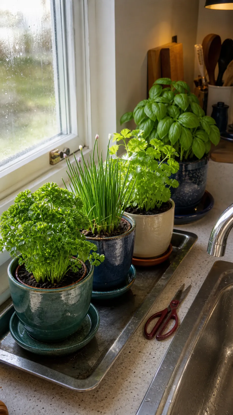 Parsley chives cilantro and basil in glazed kitchen window pots