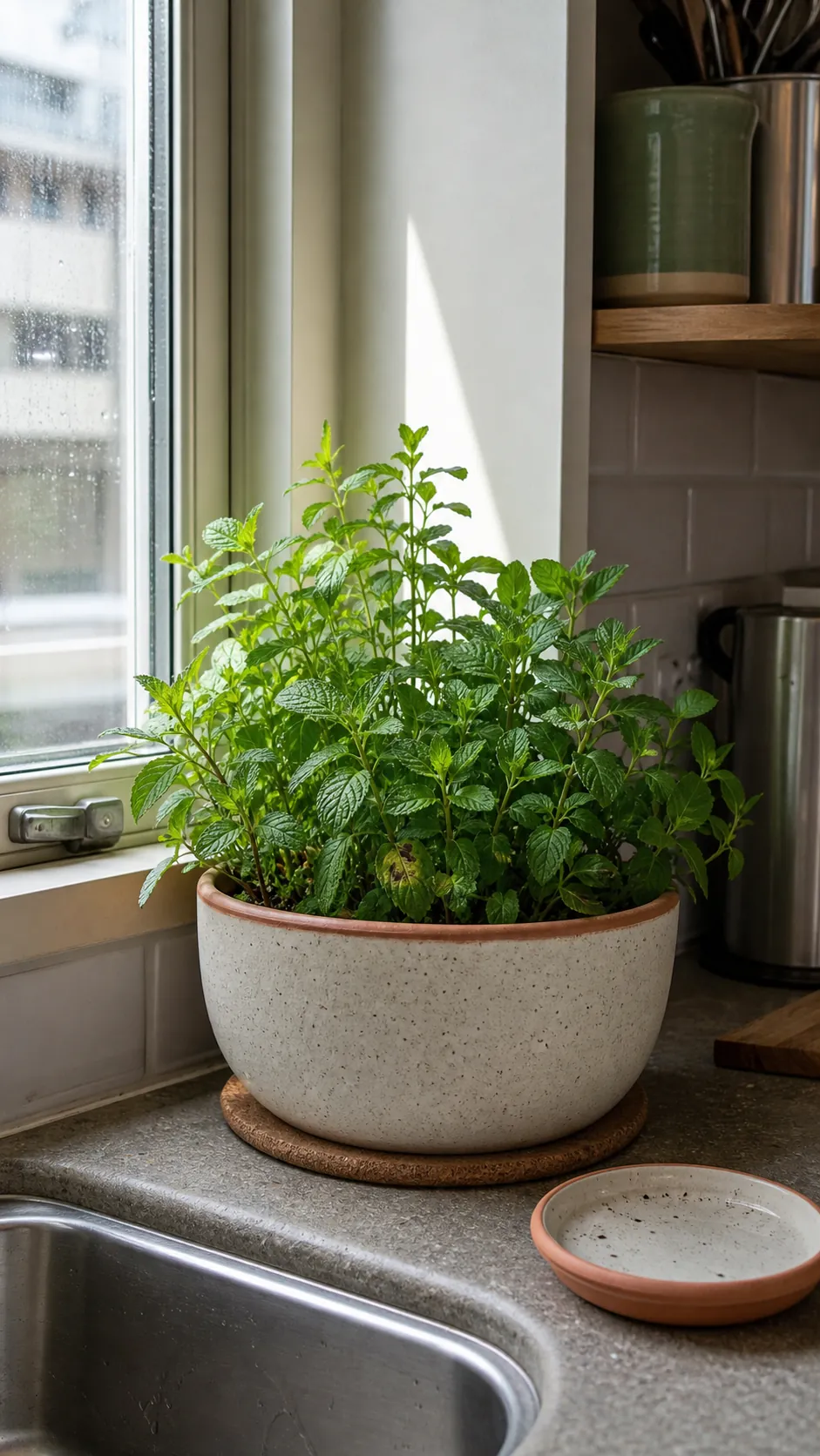Mint growing alone in a wide pot on a kitchen windowsill