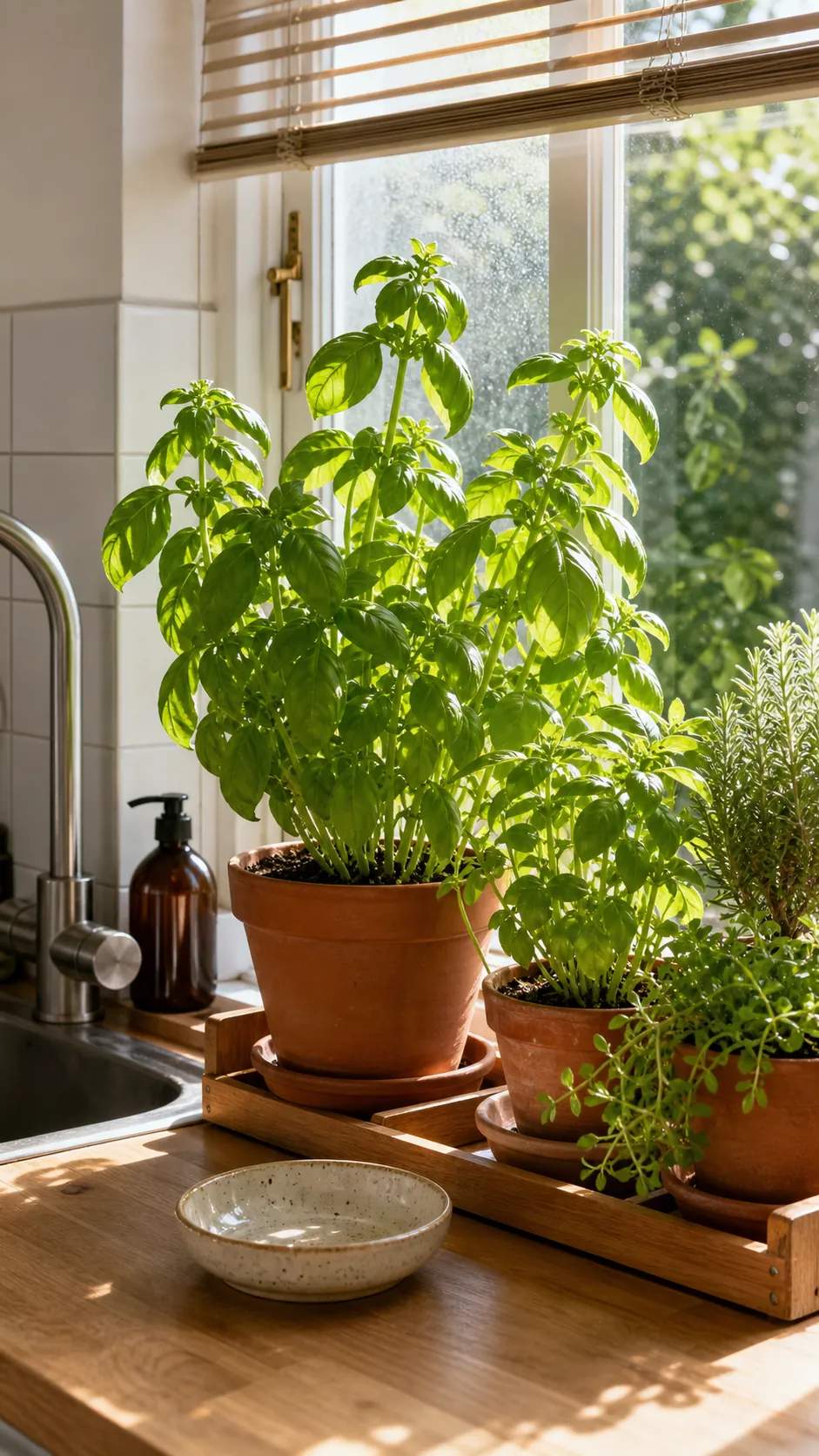 Healthy basil plant in the brightest warm kitchen window position