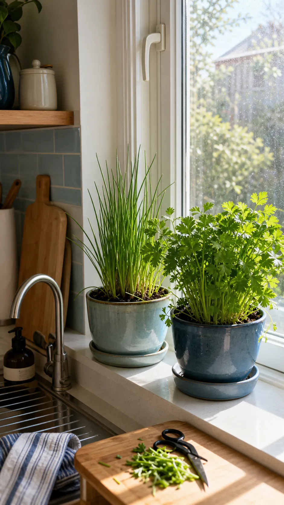 Chives and parsley receiving gentle morning light in an east-facing window